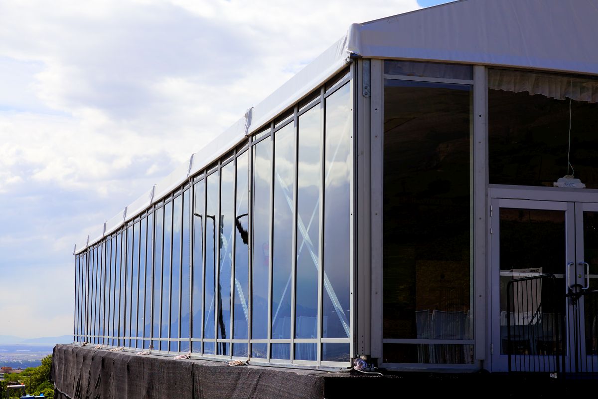 Exterior view of the enclosure and doors than keep a tent enclosed