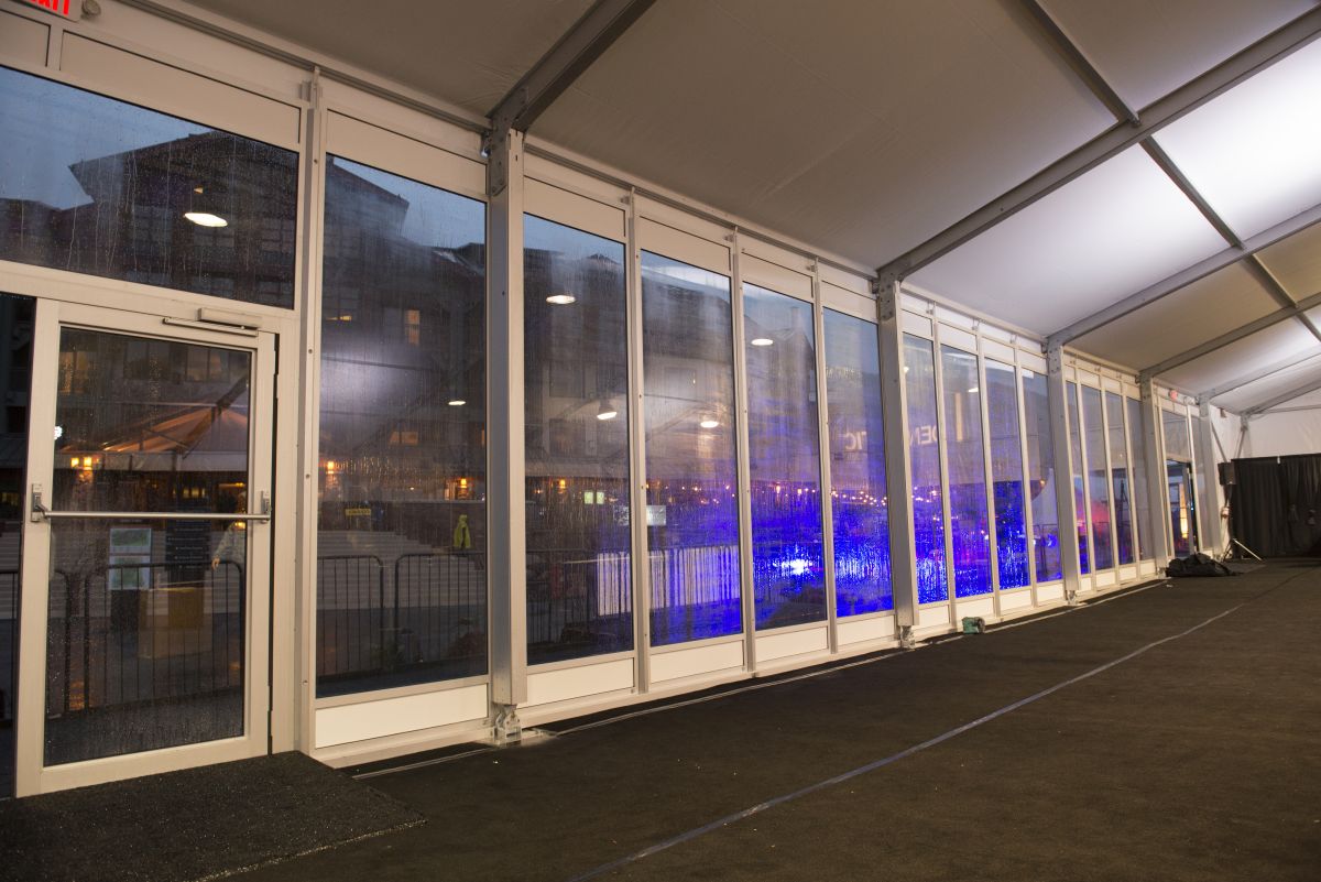 Interior view of enclosed tent's doors and windows