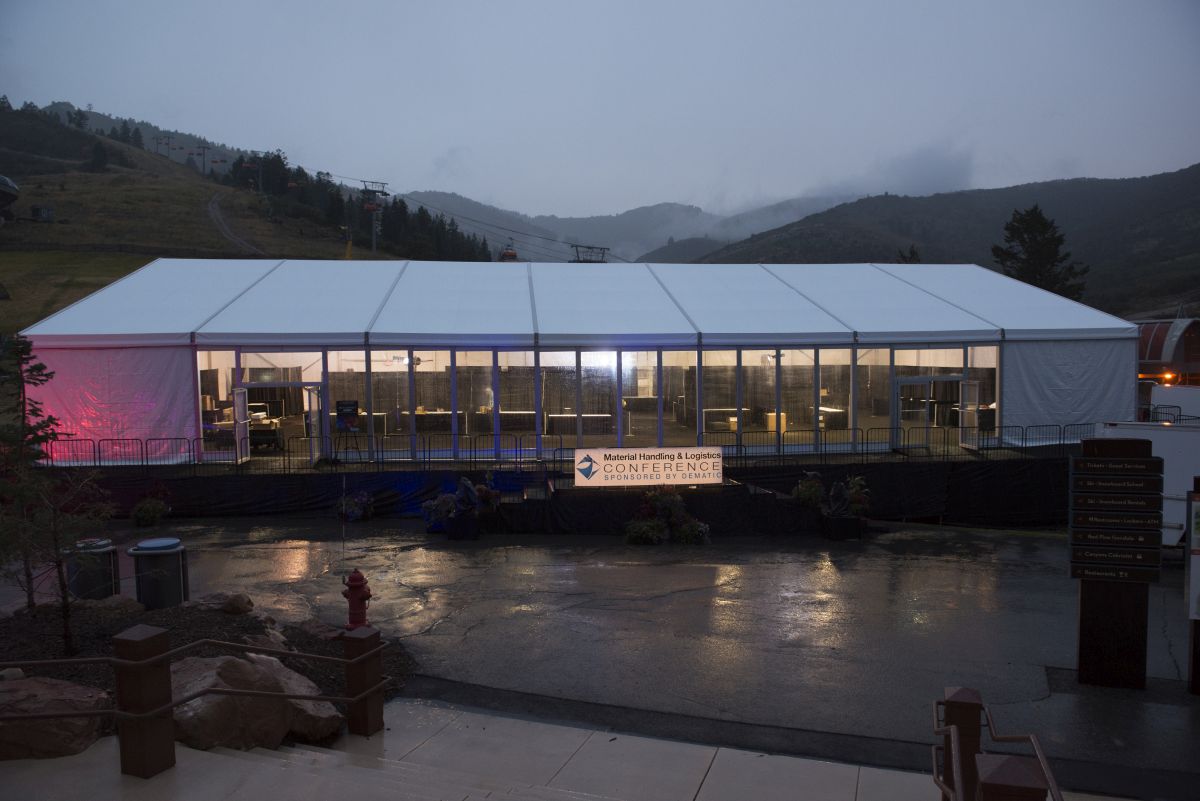 Ariel view of enclosed tent with event sign