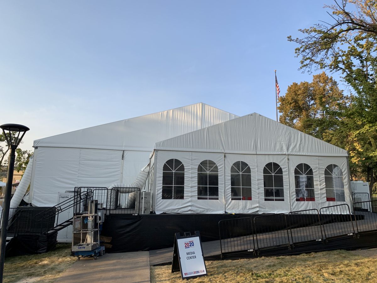 Outside view of the entrance ramp for the media center in an enclosed tent