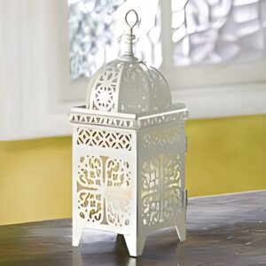 Lantern Hanging White Square Scrollwork 11"